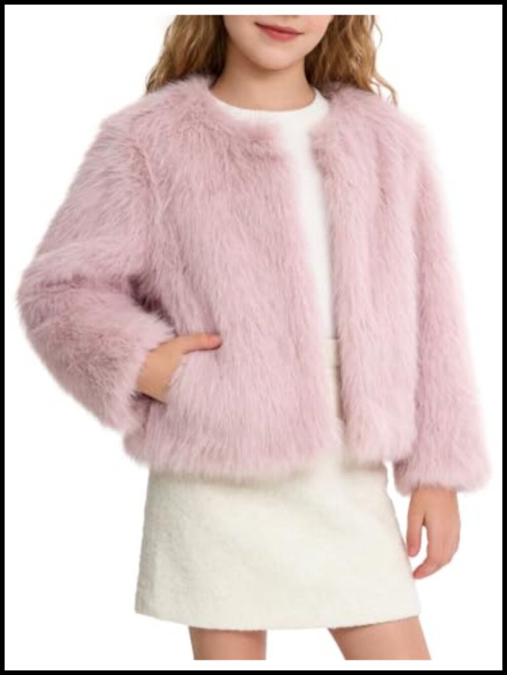 Girls Faux Fur Coat Crewneck Fluffy Winter Jacket Snap Button Pockets